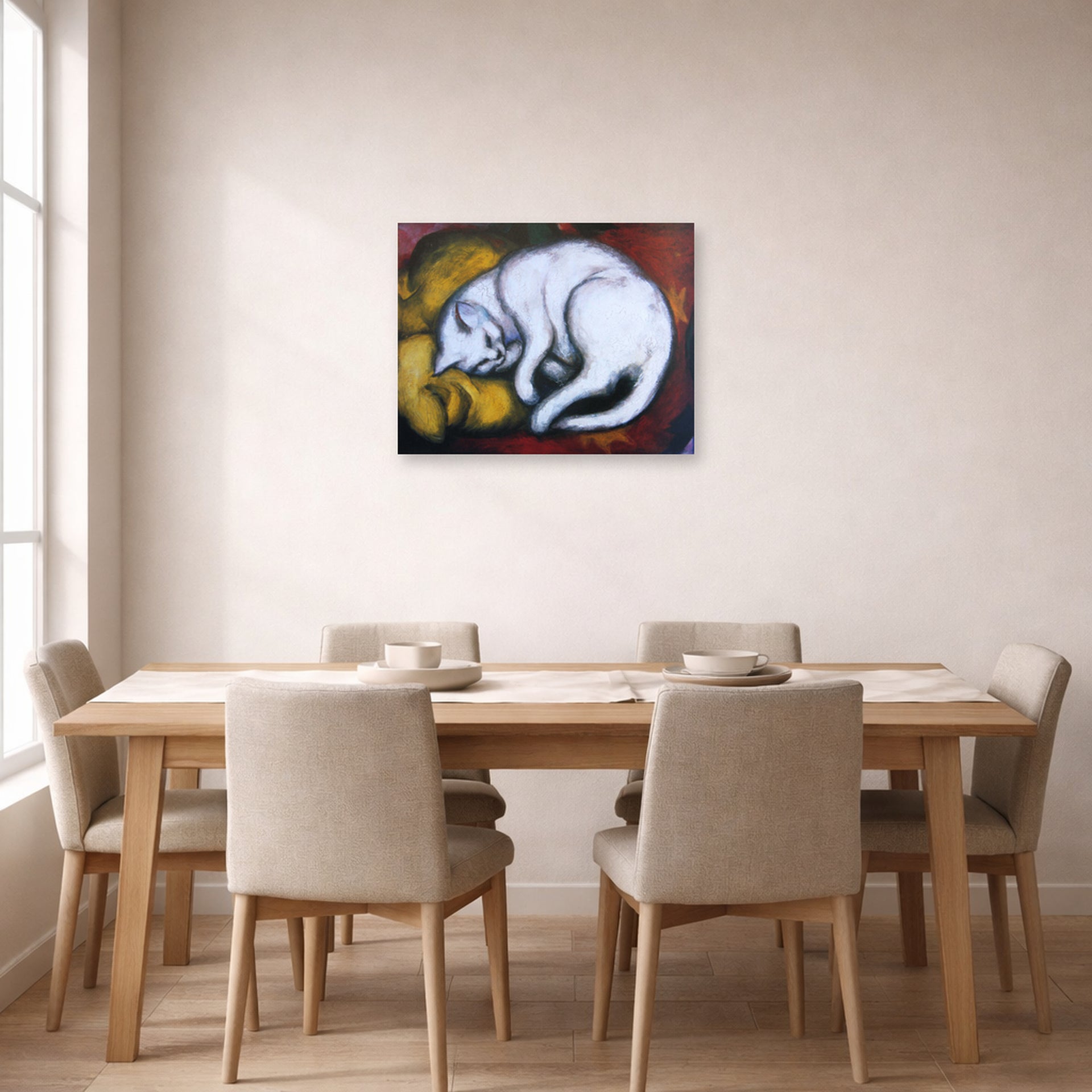 Unframed poster print of Franz Marc's The White Cat displayed on a wall in a dining room