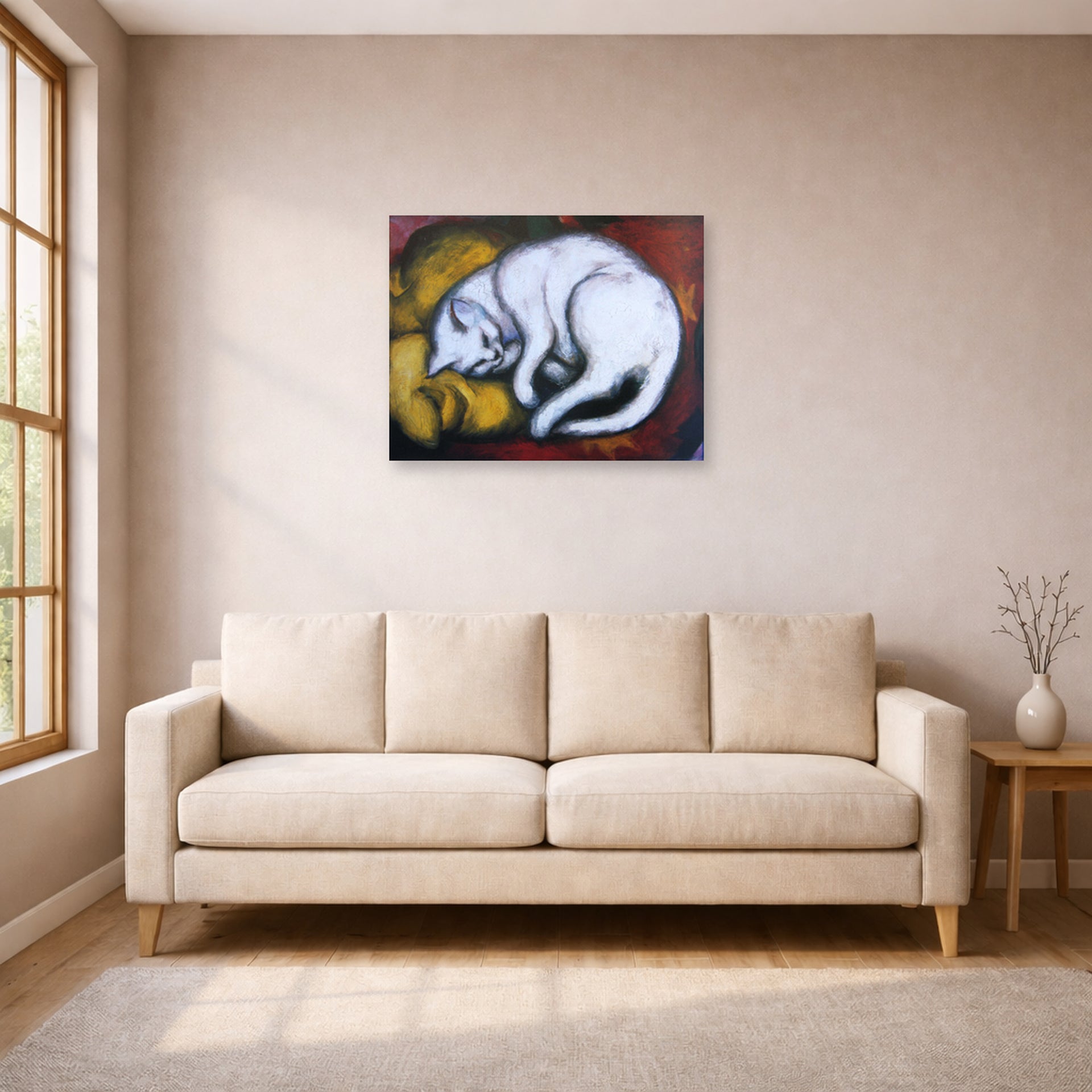 Unframed poster print of Franz Marc's The White Cat displayed on a wall in a living room