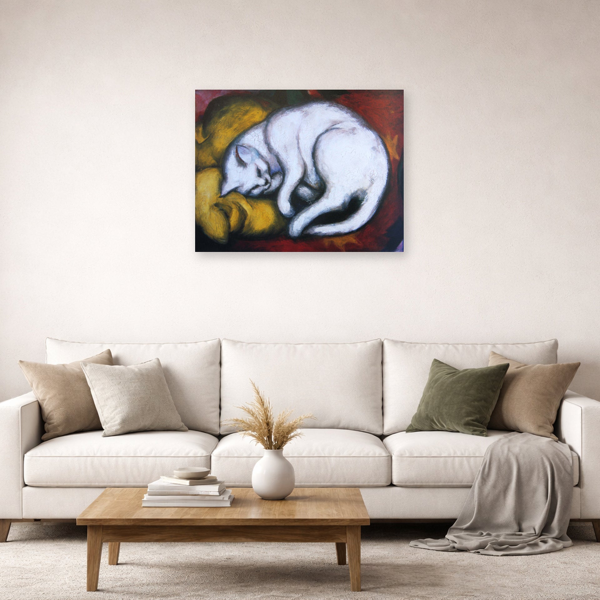 Unframed poster print of Franz Marc's The White Cat displayed on a wall in a living room