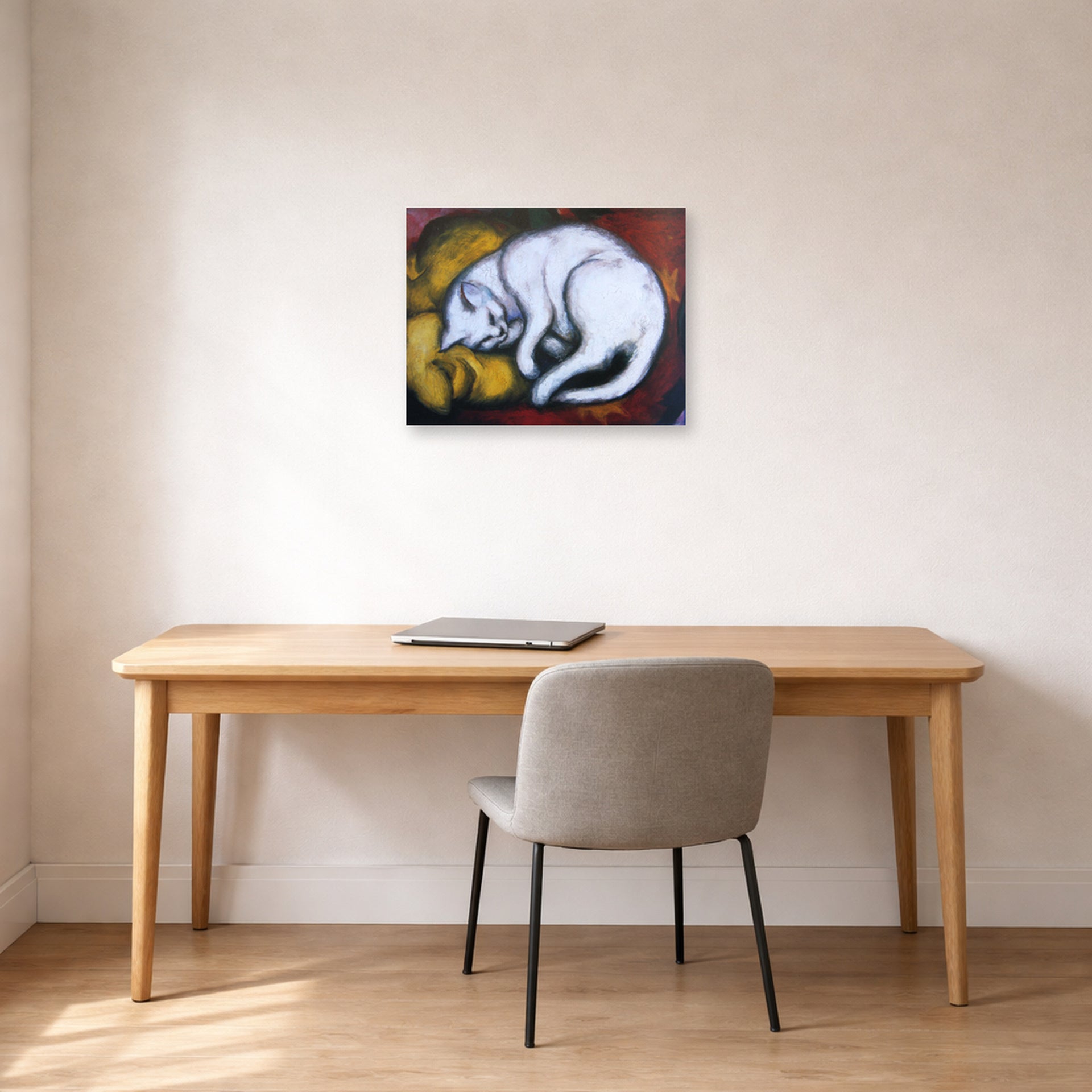 Unframed poster print of Franz Marc's The White Cat displayed on a wall in an office