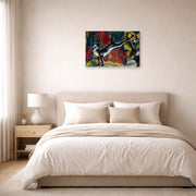 Gallery-wrapped canvas print of Franz Marc's Three Cats displayed on a wall in a bedroom