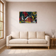 Gallery-wrapped canvas print of Franz Marc's Three Cats displayed on a wall in a living room
