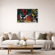 Gallery-wrapped canvas print of Franz Marc's Three Cats displayed on a wall in a living room