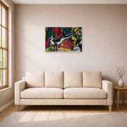 Unframed poster print of Franz Marc's Three Cats displayed on a wall in a living room