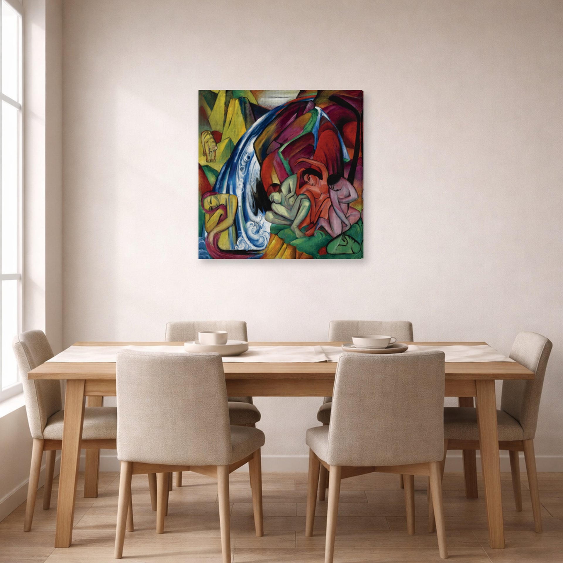 Gallery-wrapped canvas print of Franz Marc's Waterfall displayed on a wall in a dining room
