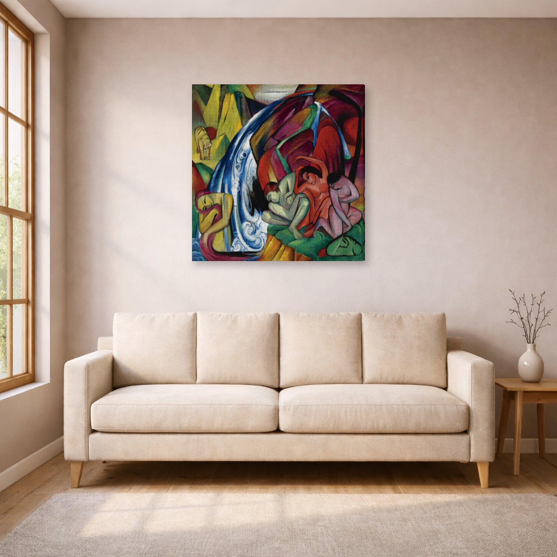 Gallery-wrapped canvas print of Franz Marc's Waterfall displayed on a wall in a living room