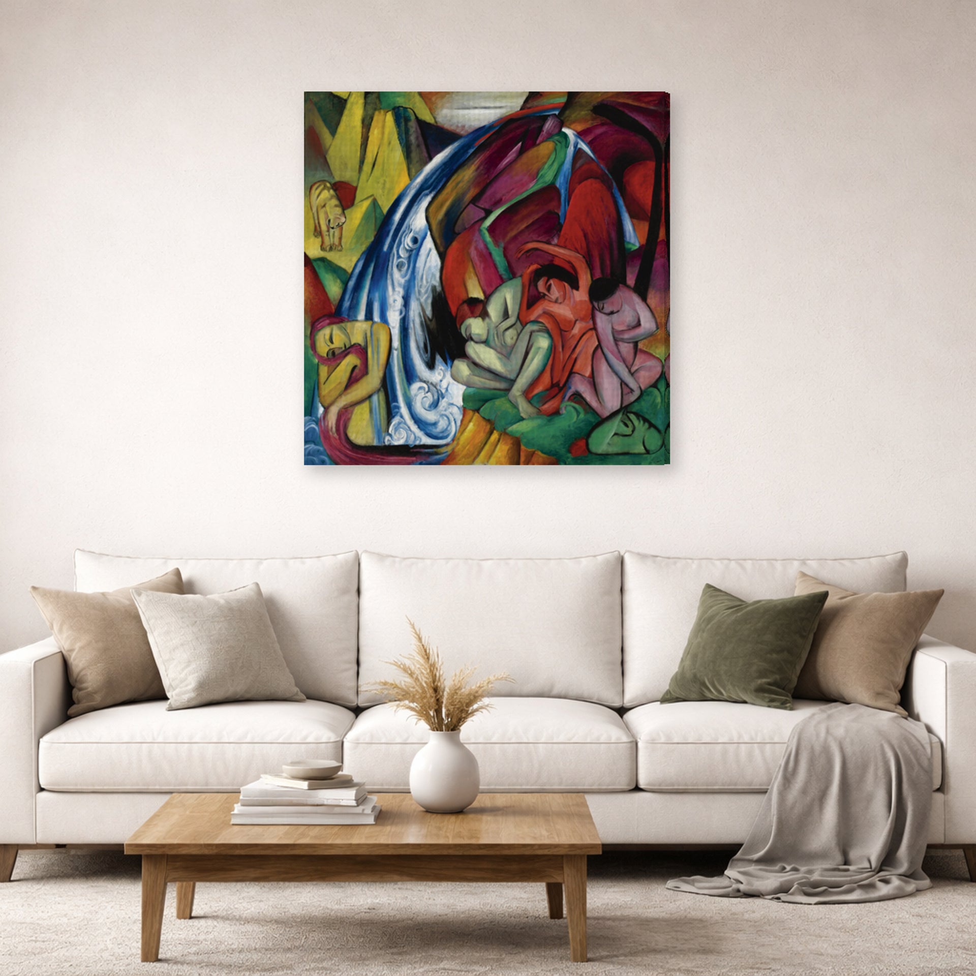 Gallery-wrapped canvas print of Franz Marc's Waterfall displayed on a wall in a living room