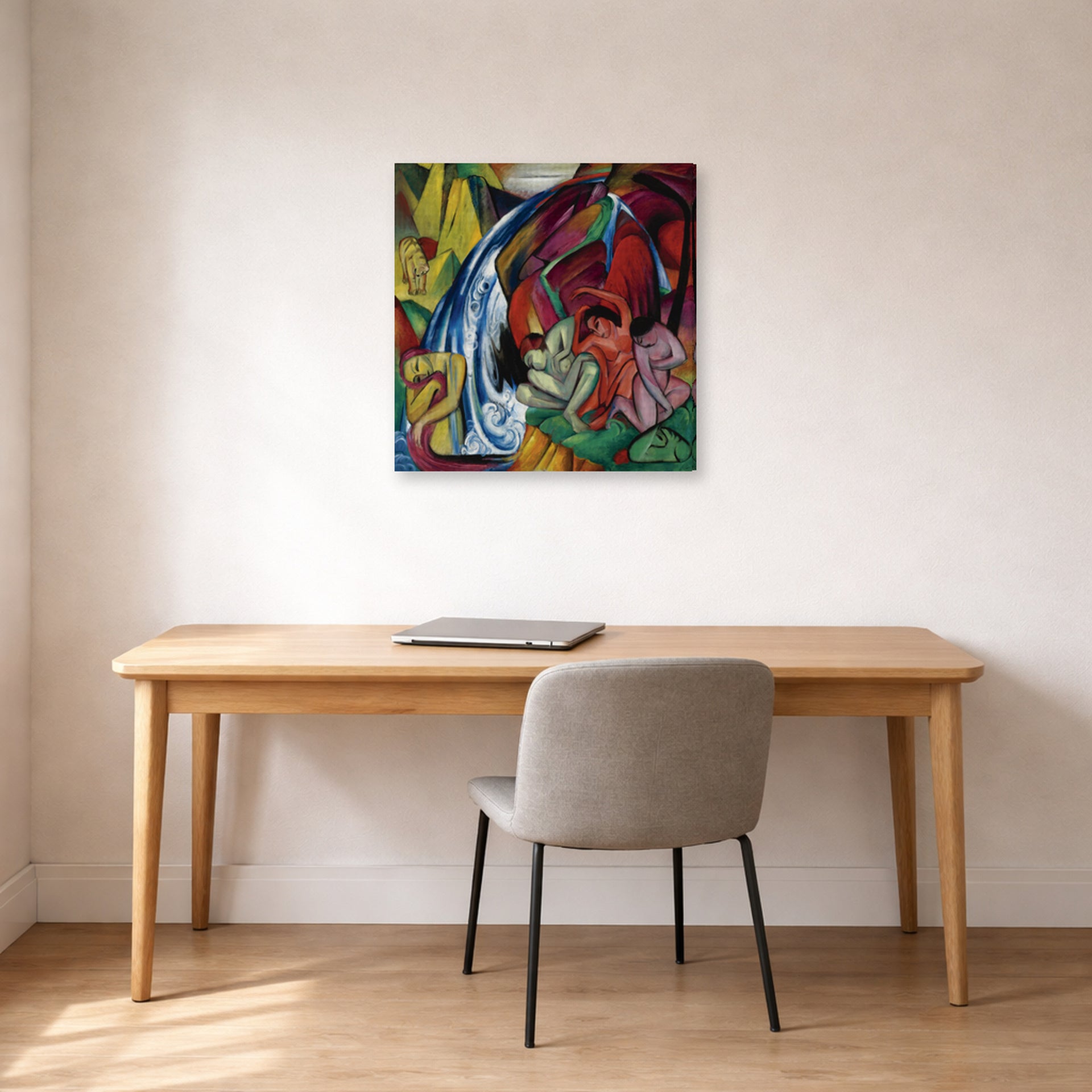 Gallery-wrapped canvas print of Franz Marc's Waterfall displayed on a wall in an office
