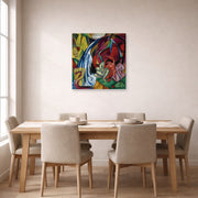 Unframed poster print of Franz Marc's Waterfall displayed on a wall in a dining room