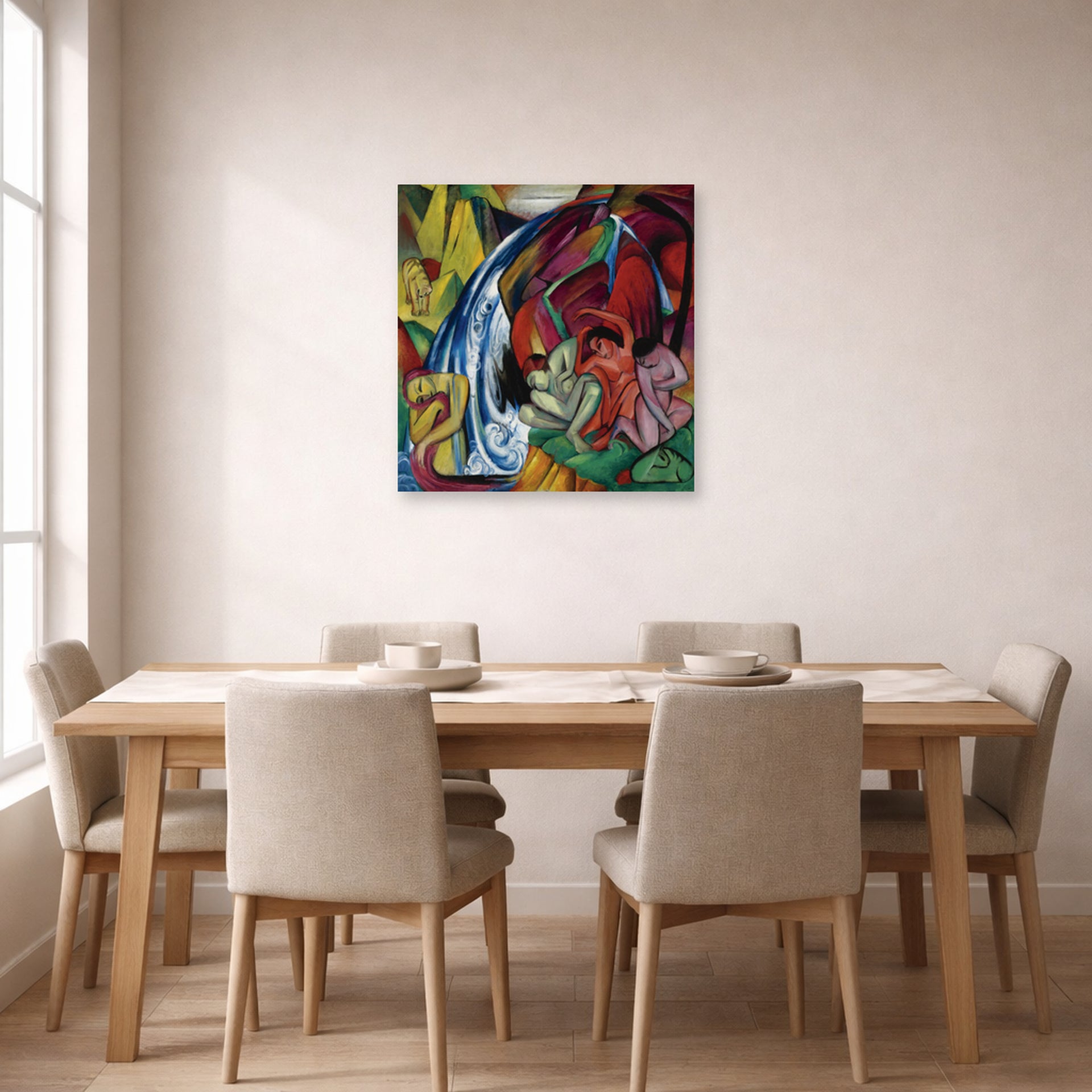Unframed poster print of Franz Marc's Waterfall displayed on a wall in a dining room