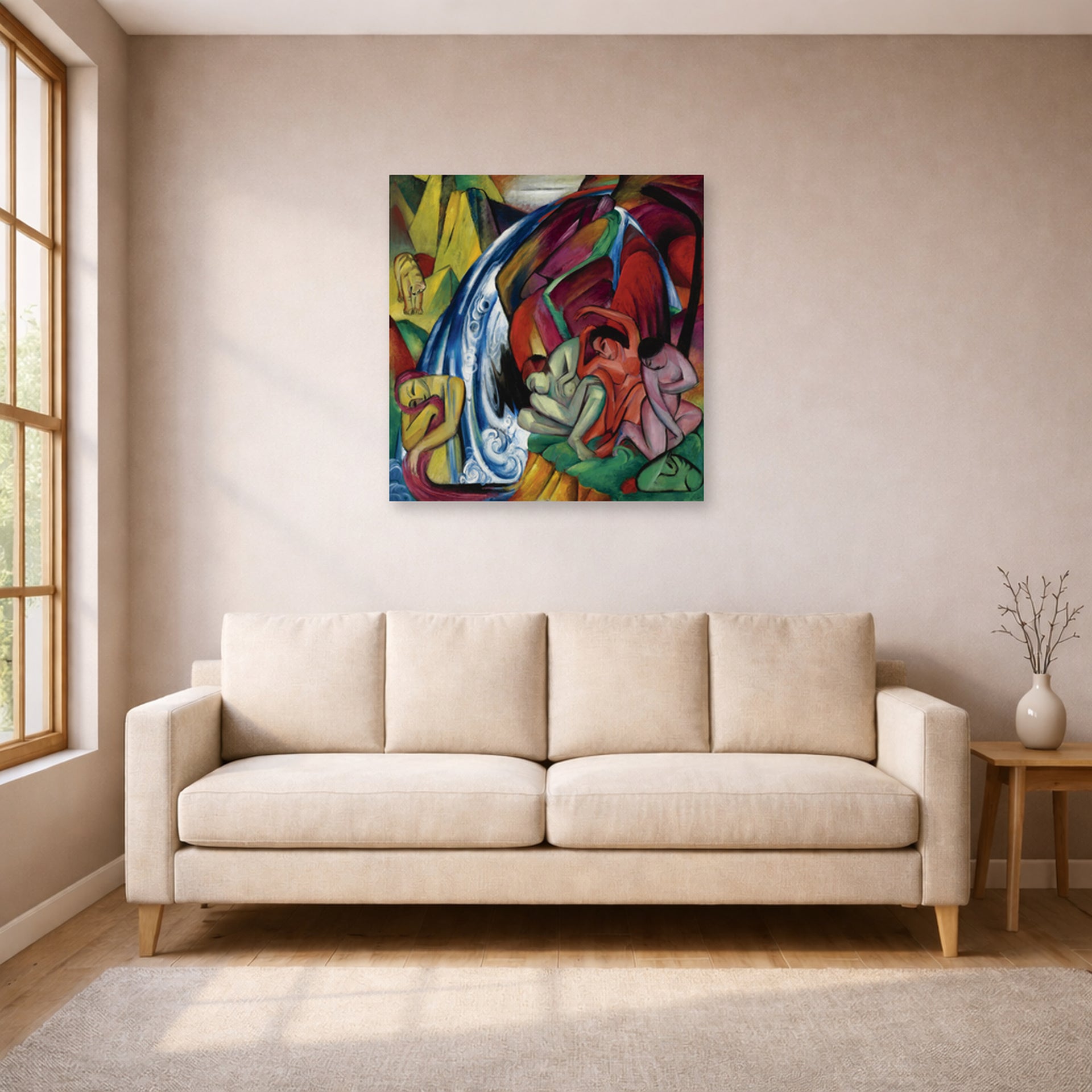 Unframed poster print of Franz Marc's Waterfall displayed on a wall in a living room