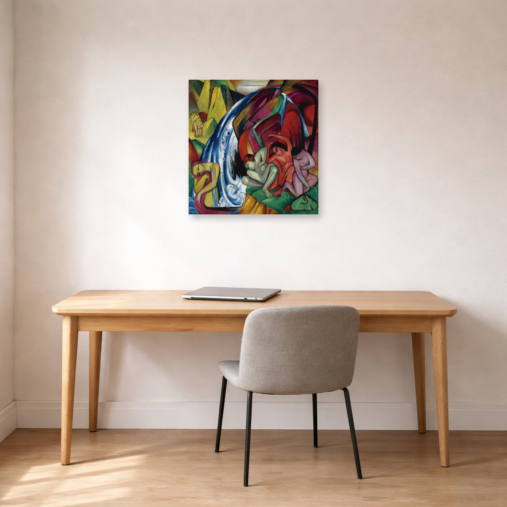 Unframed poster print of Franz Marc's Waterfall displayed on a wall in an office