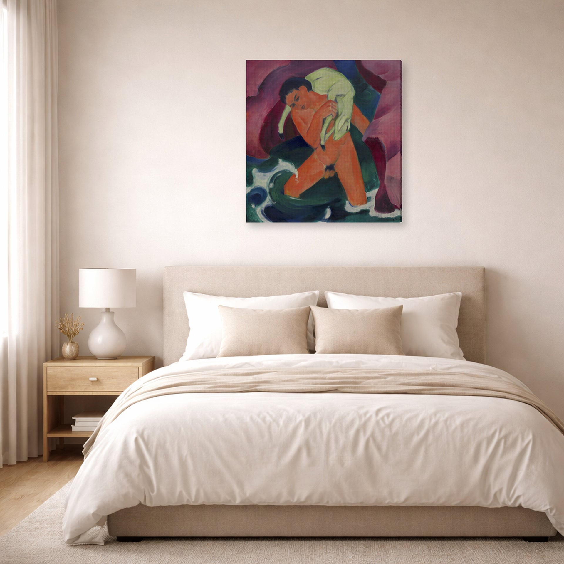 Gallery-wrapped canvas print of Franz Marc's Young Boy with a Lamb displayed on a wall in a bedroom