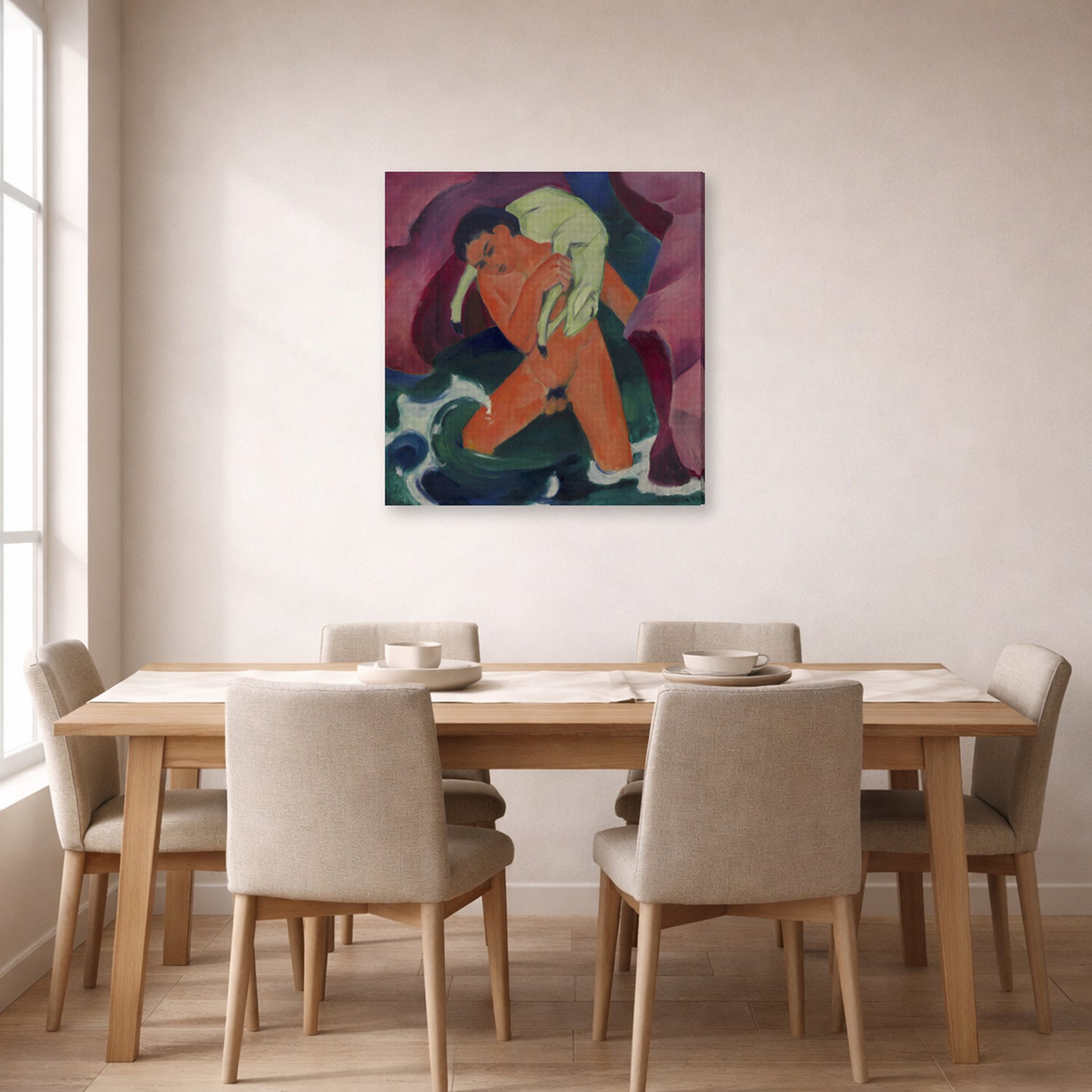 Gallery-wrapped canvas print of Franz Marc's Young Boy with a Lamb displayed on a wall in a dining room