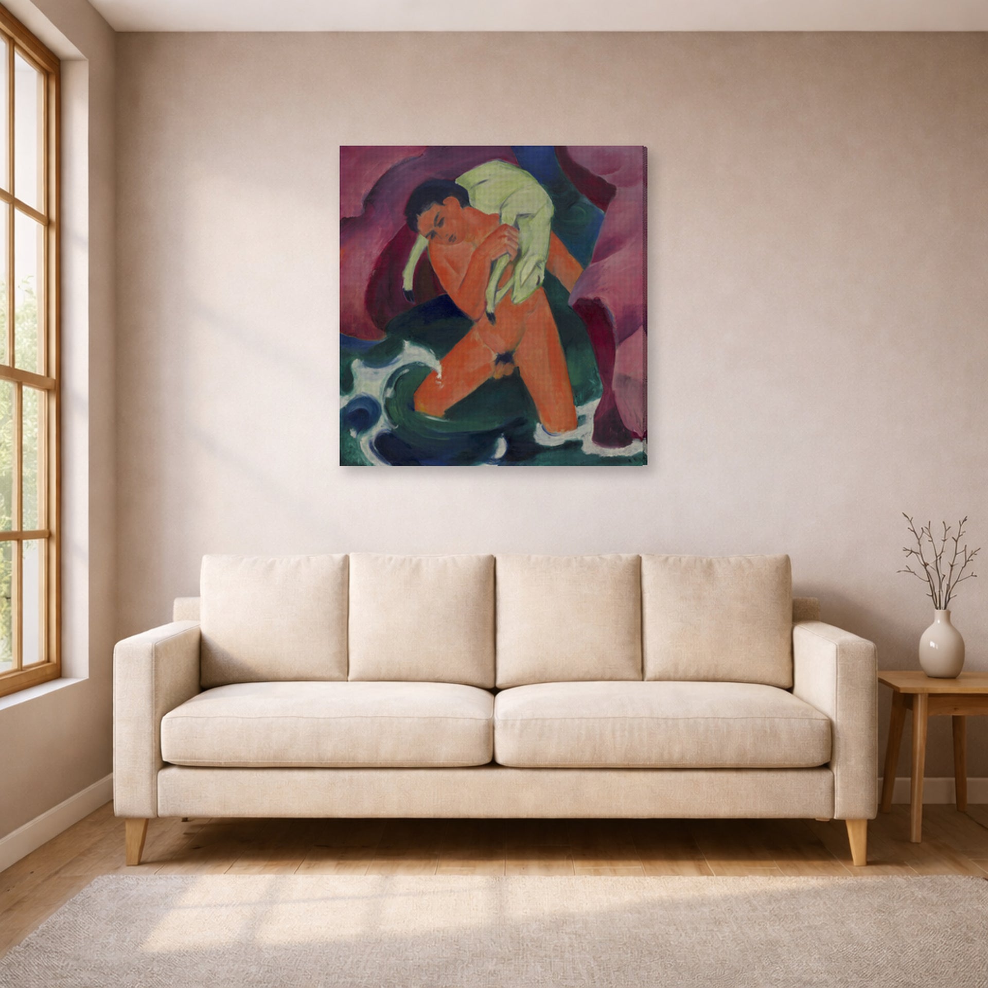 Gallery-wrapped canvas print of Franz Marc's Young Boy with a Lamb displayed on a wall in a living room