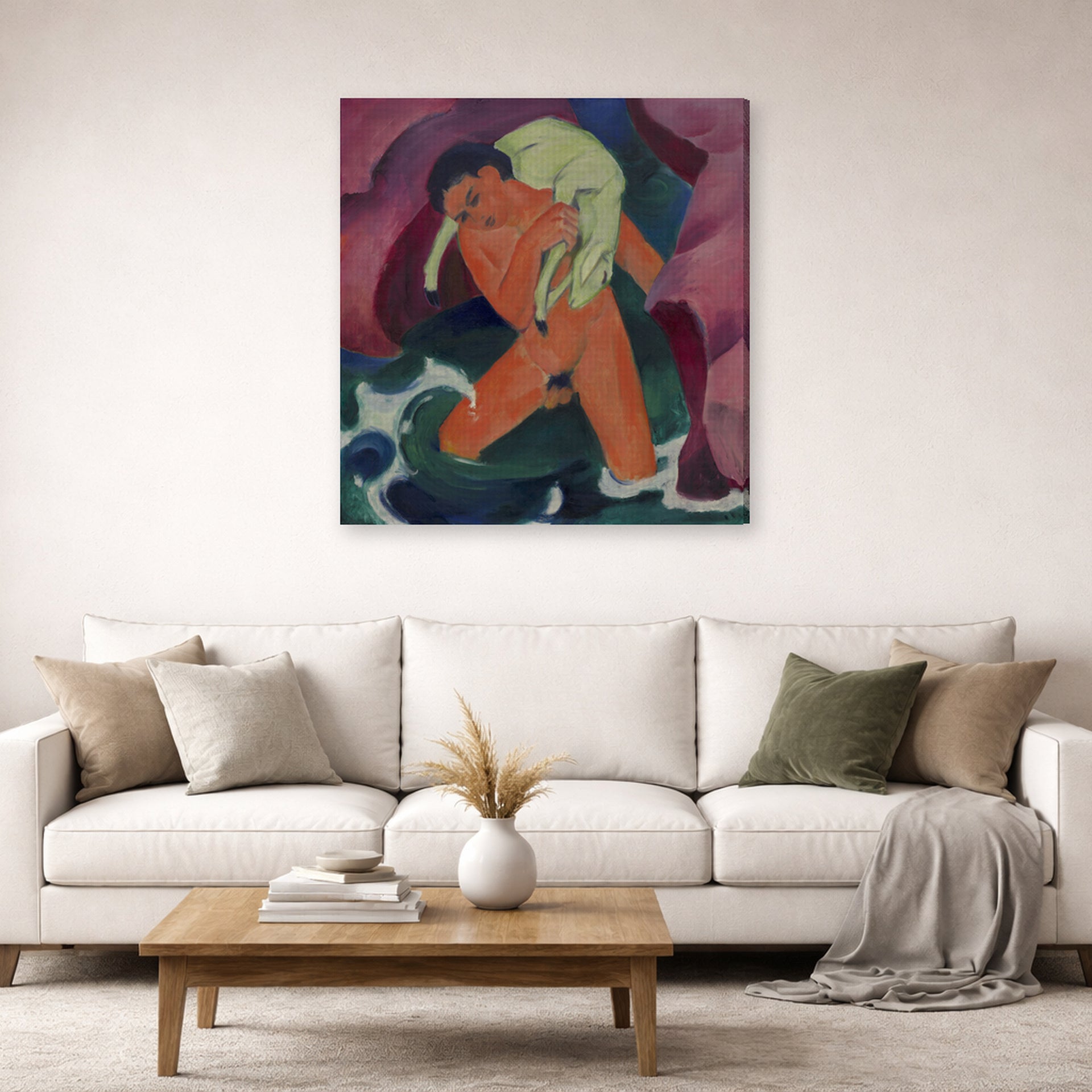 Gallery-wrapped canvas print of Franz Marc's Young Boy with a Lamb displayed on a wall in a living room