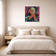 Unframed poster print of Franz Marc's Young Boy with a Lamb displayed on a wall in a bedroom