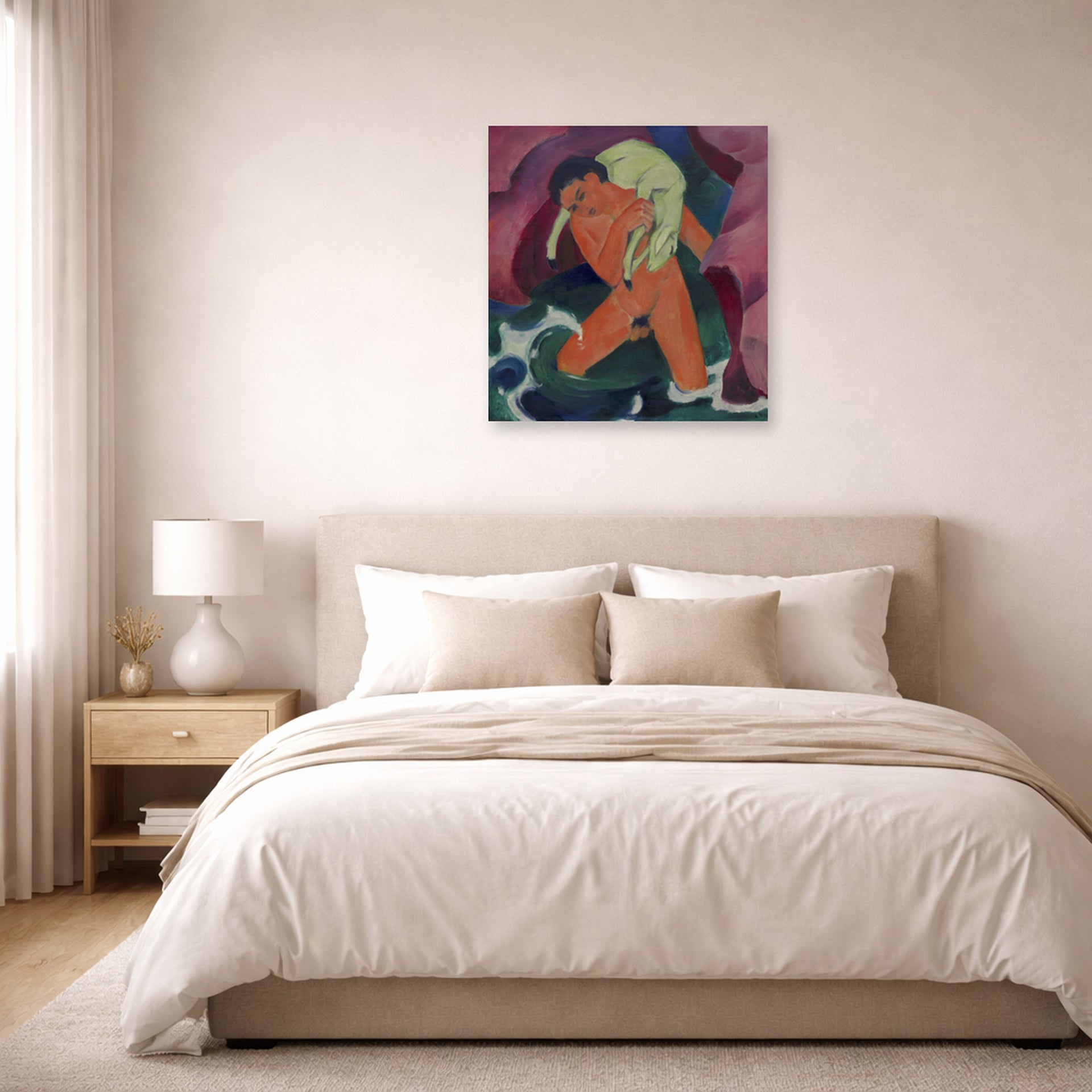 Unframed poster print of Franz Marc's Young Boy with a Lamb displayed on a wall in a bedroom