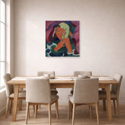 Unframed poster print of Franz Marc's Young Boy with a Lamb displayed on a wall in a dining room