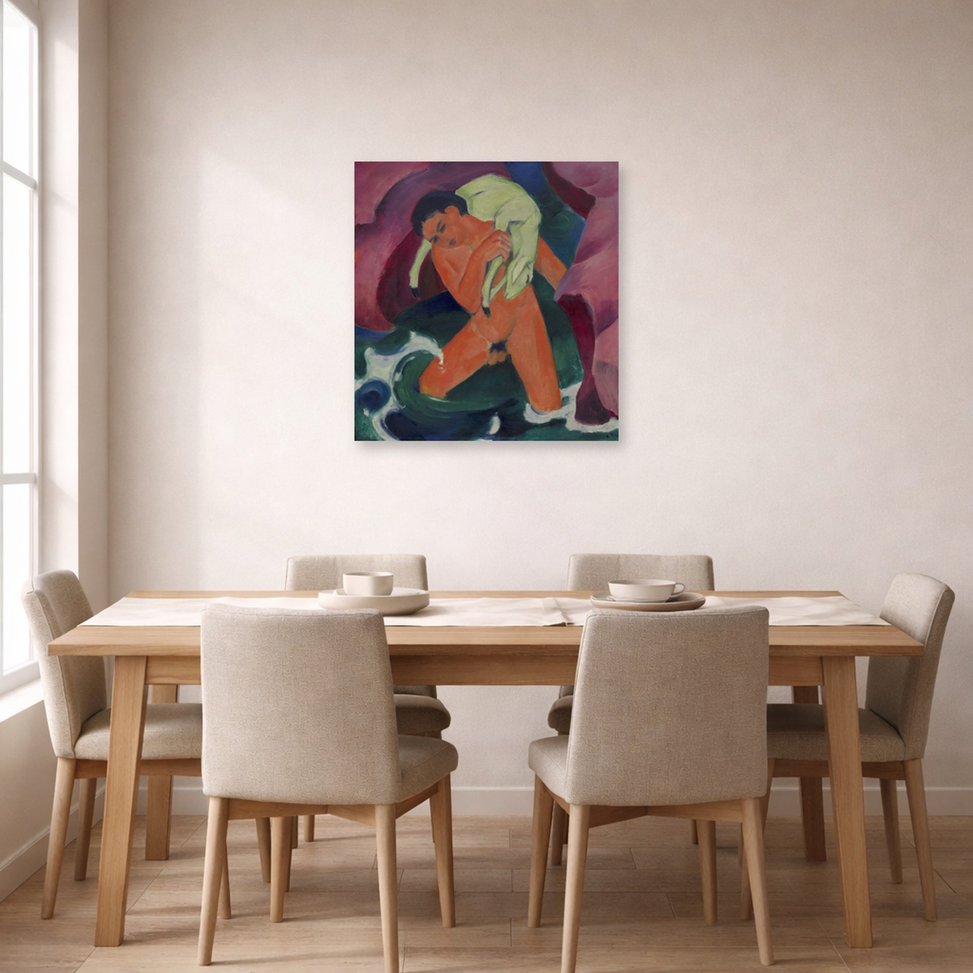 Unframed poster print of Franz Marc's Young Boy with a Lamb displayed on a wall in a dining room