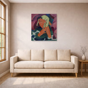 Unframed poster print of Franz Marc's Young Boy with a Lamb displayed on a wall in a living room