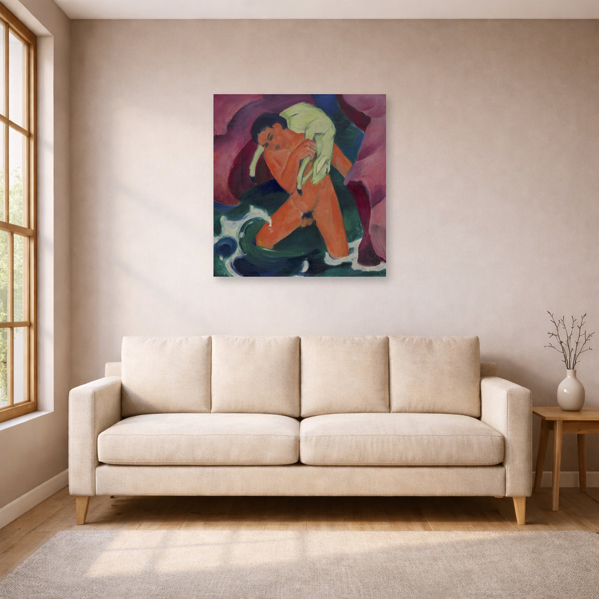 Unframed poster print of Franz Marc's Young Boy with a Lamb displayed on a wall in a living room