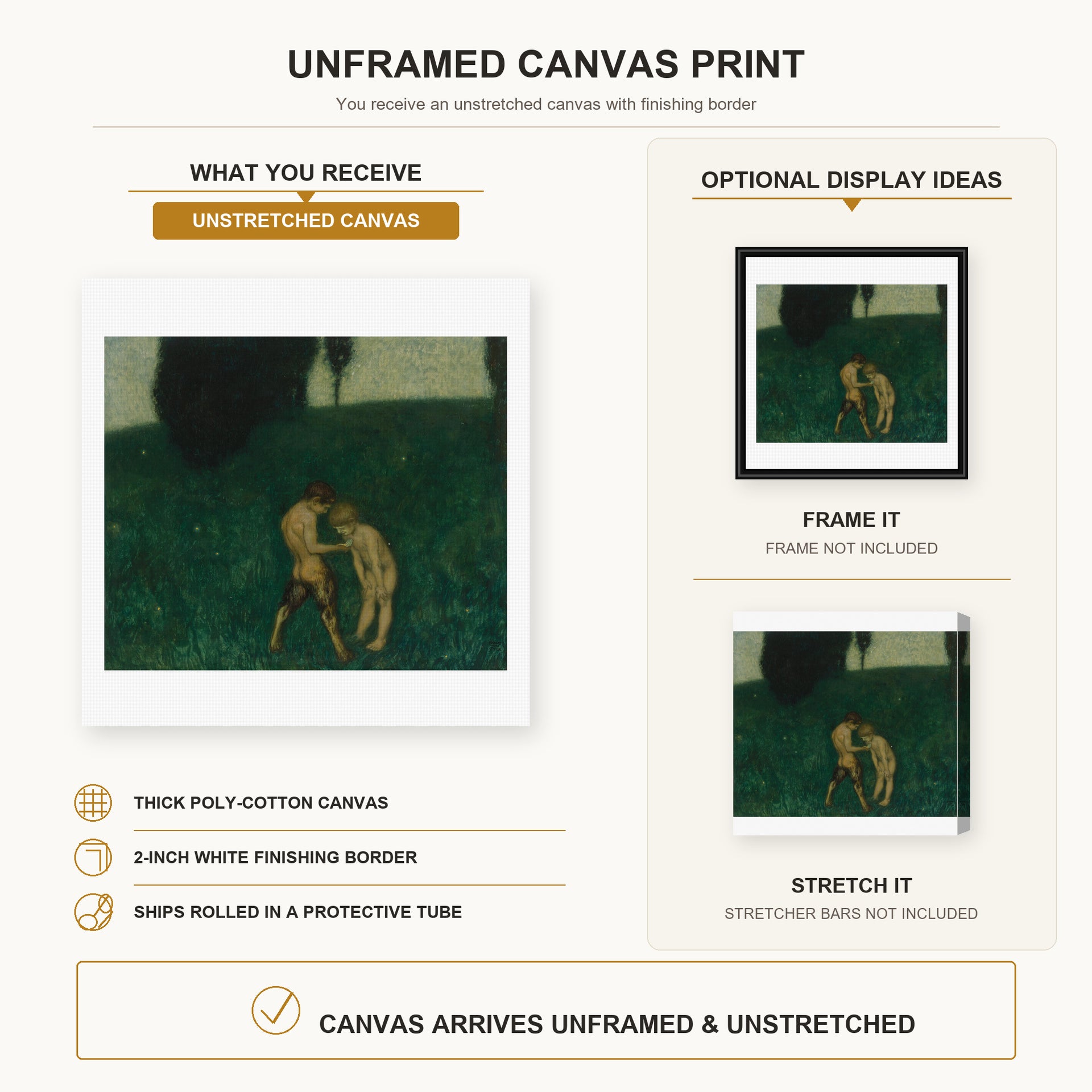 Franz Stuck - Firefly canvas print size comparison and framing display infographic