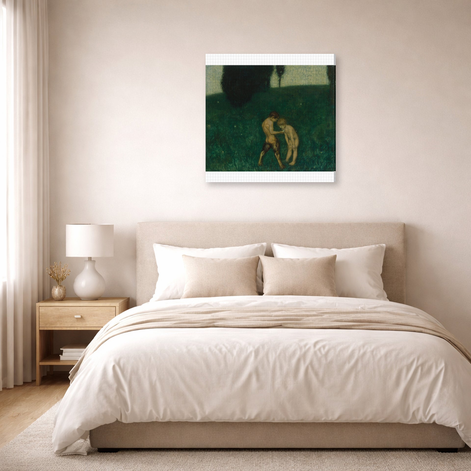 Gallery-wrapped canvas print of Franz Stuck's Firefly displayed on a wall in a bedroom