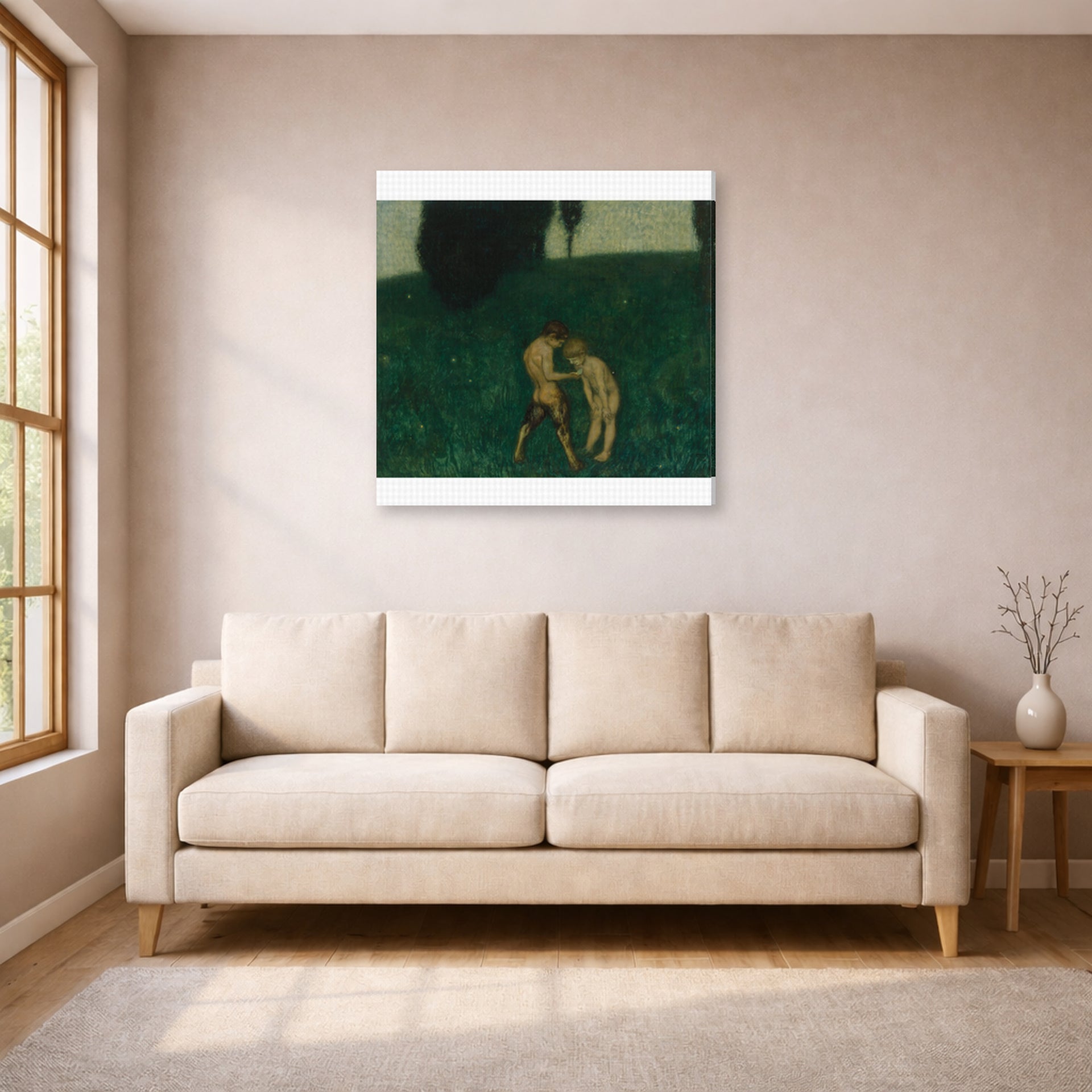 Gallery-wrapped canvas print of Franz Stuck's Firefly displayed on a wall in a living room