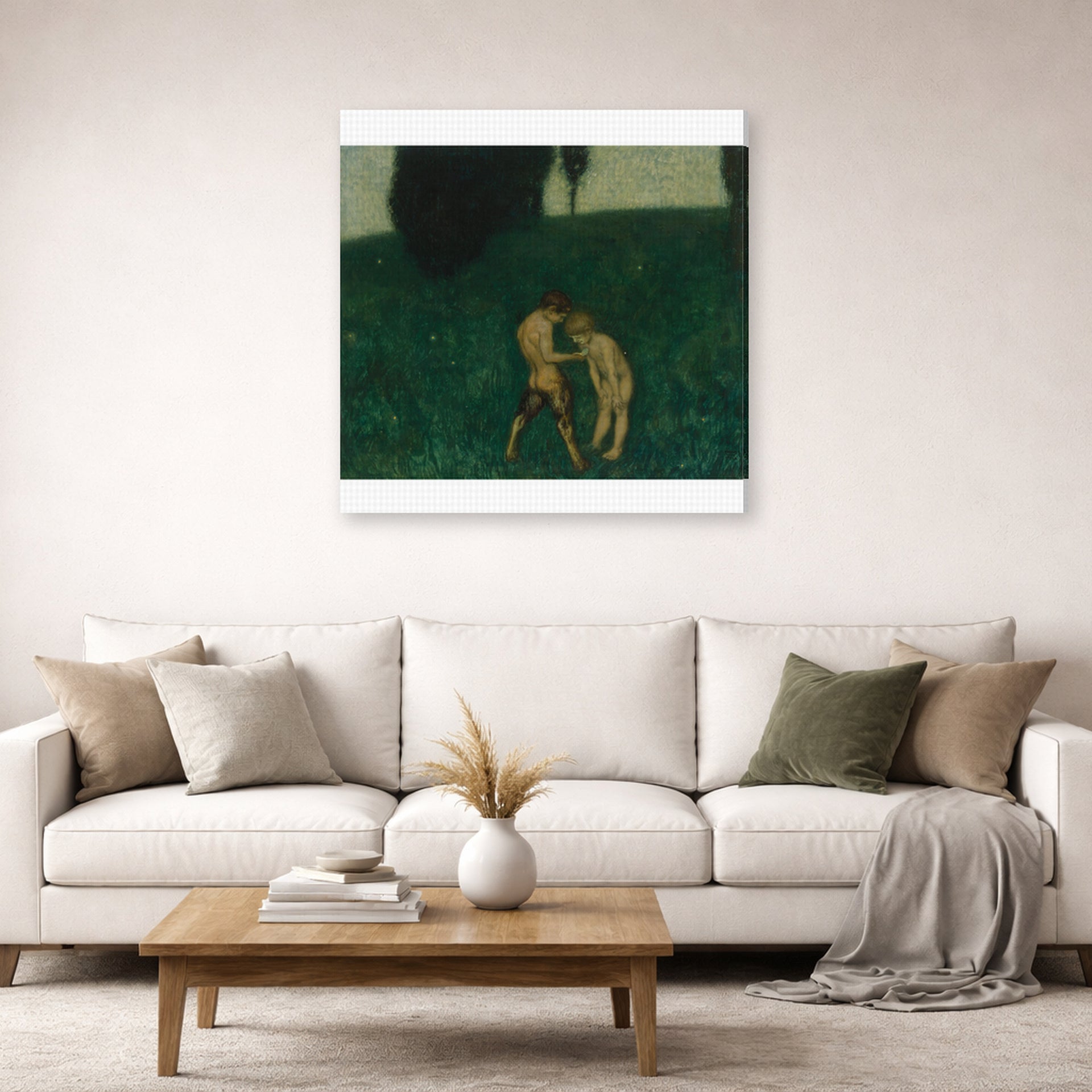Gallery-wrapped canvas print of Franz Stuck's Firefly displayed on a wall in a living room