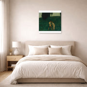 Unframed poster print of Franz Stuck's Firefly displayed on a wall in a bedroom
