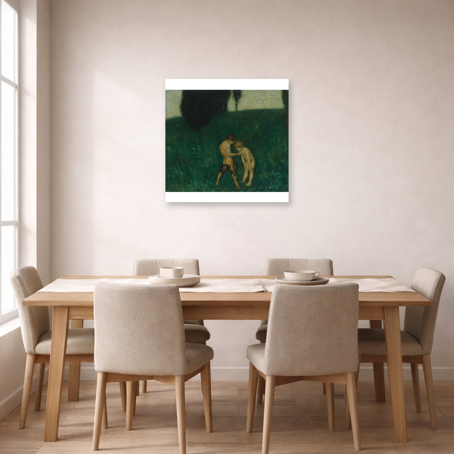 Unframed poster print of Franz Stuck's Firefly displayed on a wall in a dining room