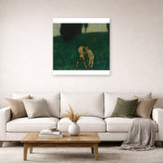 Unframed poster print of Franz Stuck's Firefly displayed on a wall in a living room