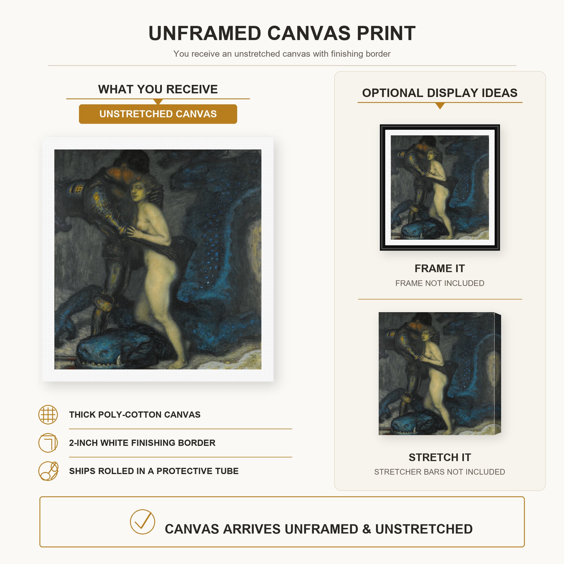 Franz Stuck - The Dragon Slayer canvas print size comparison and framing display infographic