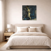 Gallery-wrapped canvas print of Franz Stuck's The Dragon Slayer displayed on a wall in a bedroom