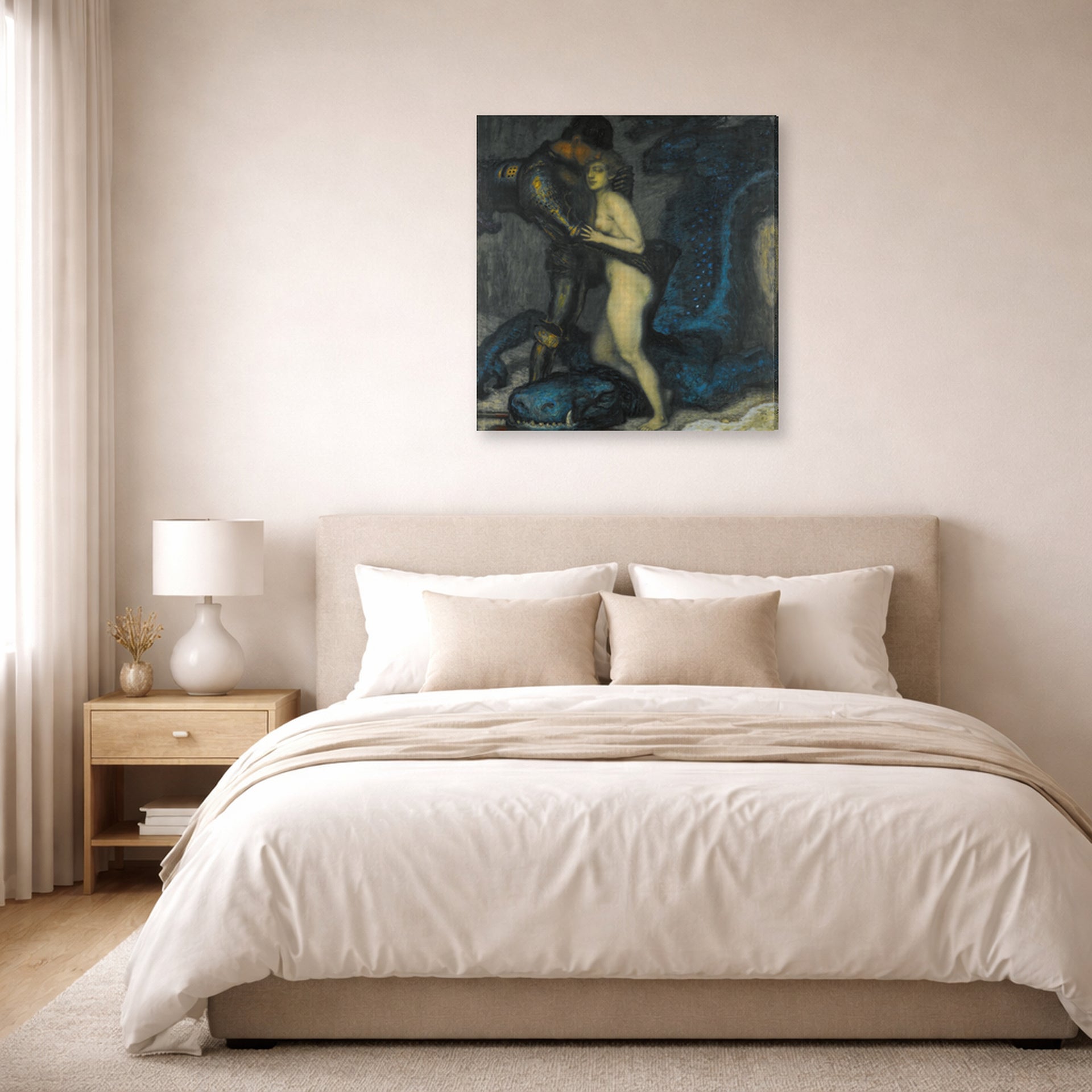 Gallery-wrapped canvas print of Franz Stuck's The Dragon Slayer displayed on a wall in a bedroom