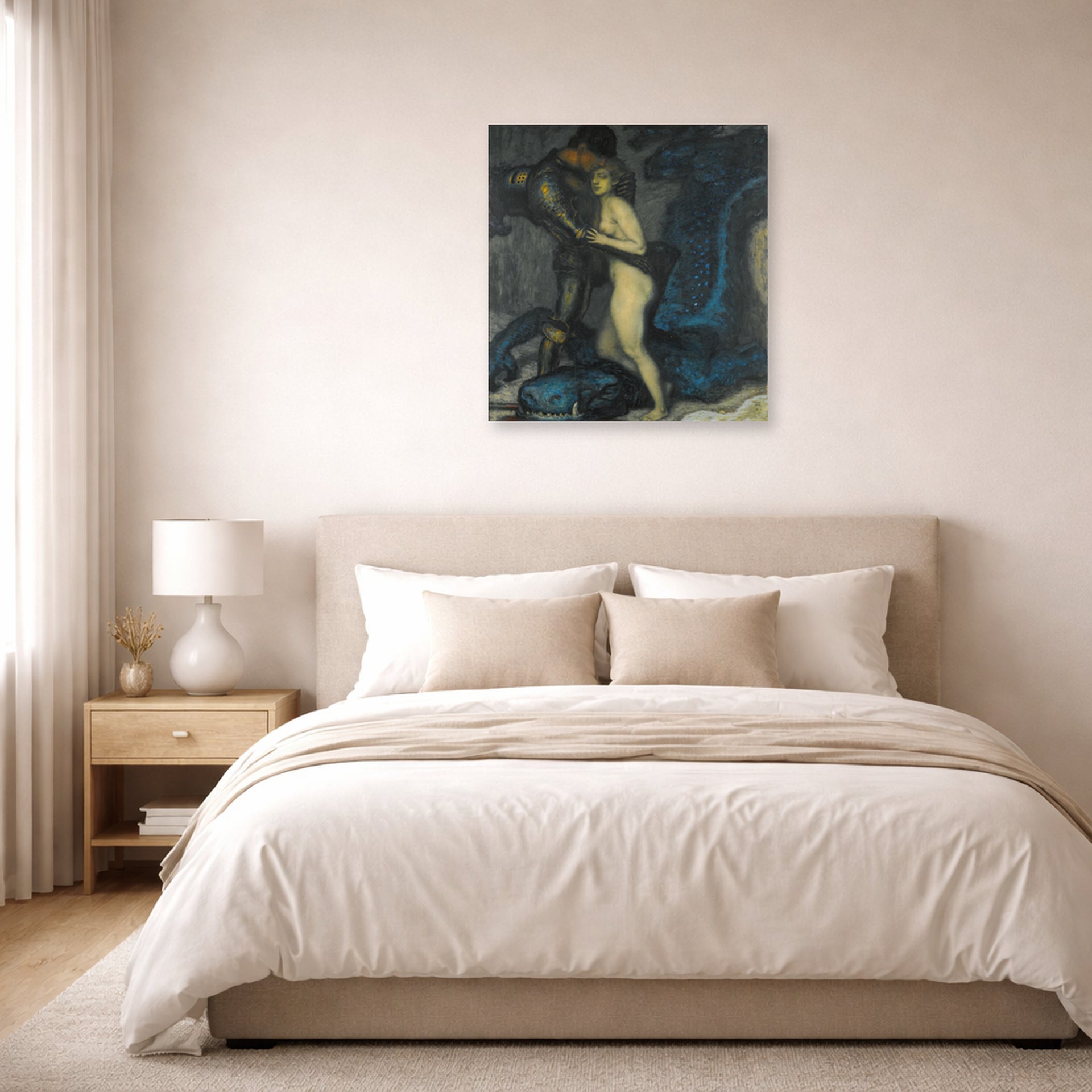 Unframed poster print of Franz Stuck's The Dragon Slayer displayed on a wall in a bedroom