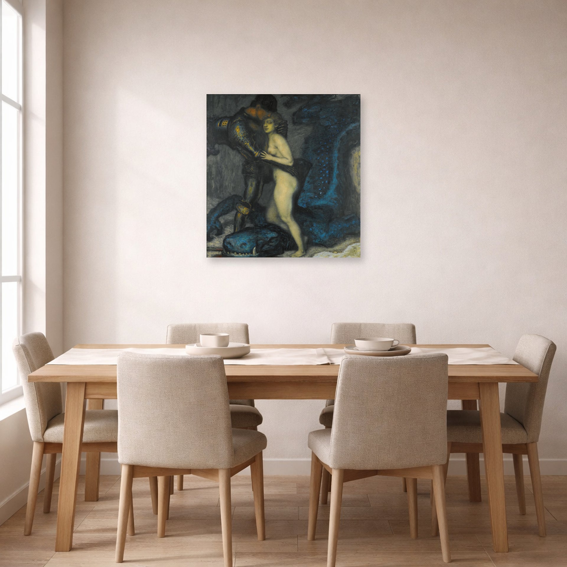 Unframed poster print of Franz Stuck's The Dragon Slayer displayed on a wall in a dining room