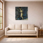 Unframed poster print of Franz Stuck's The Dragon Slayer displayed on a wall in a living room