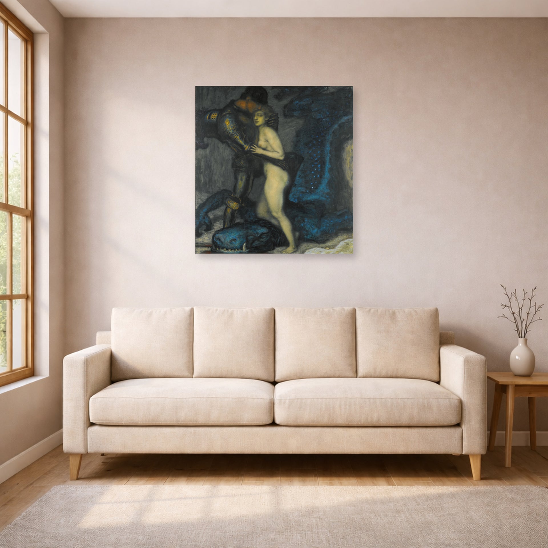Unframed poster print of Franz Stuck's The Dragon Slayer displayed on a wall in a living room