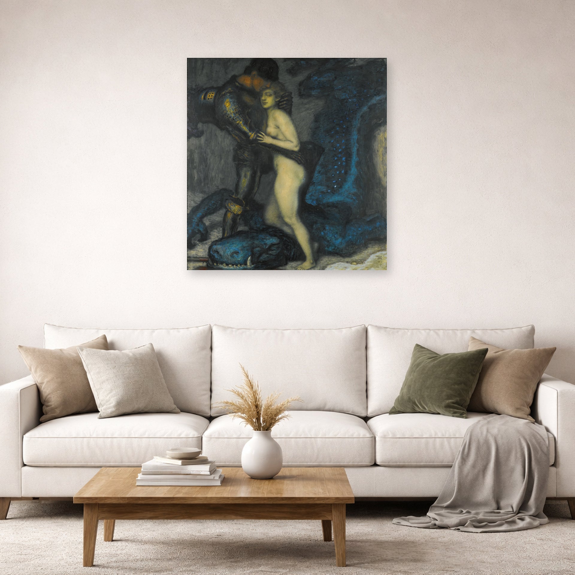 Unframed poster print of Franz Stuck's The Dragon Slayer displayed on a wall in a living room