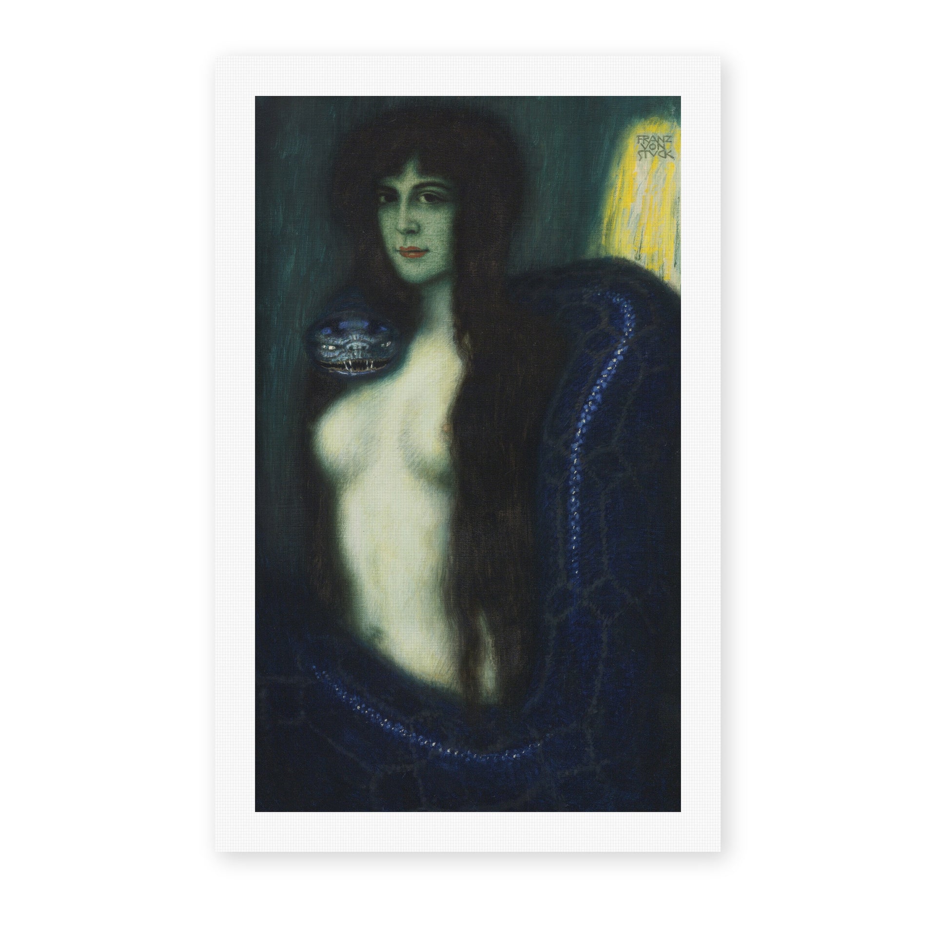 Franz Stuck's 'The Sin' painting reproduced as a rolled canvas print, an 1893 work whose nude figure entwined by a serpent made it one of Symbolism's most famous images