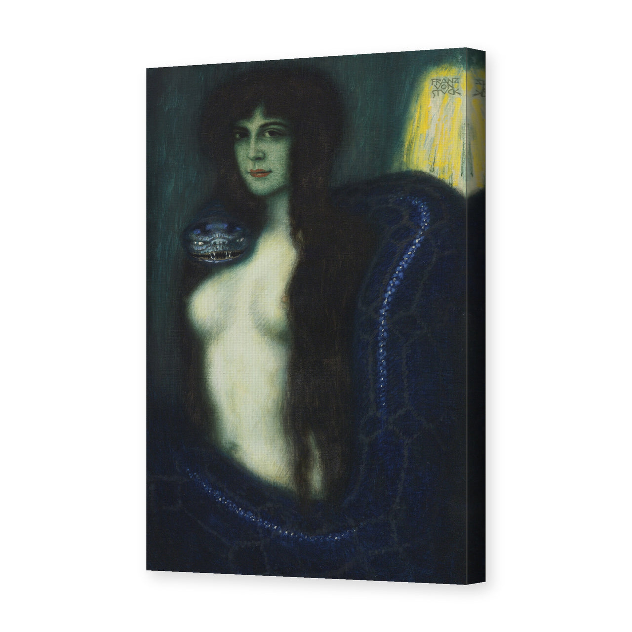 Franz Stuck's 'The Sin' painting reproduced as a gallery-wrapped canvas print, an 1893 work whose nude figure entwined by a serpent made it one of Symbolism's most famous images