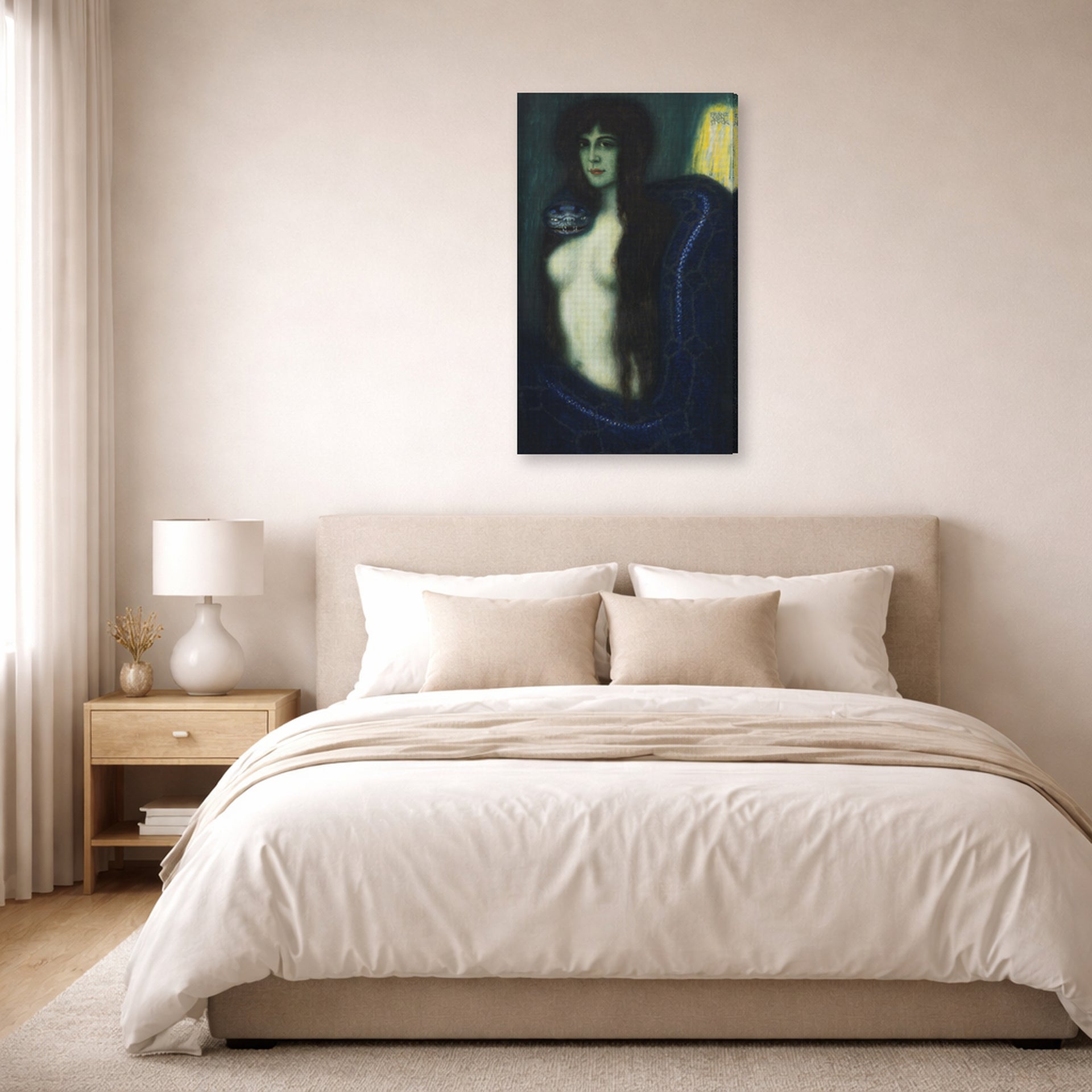 Gallery-wrapped canvas print of Franz Stuck's The Sin displayed on a wall in a bedroom