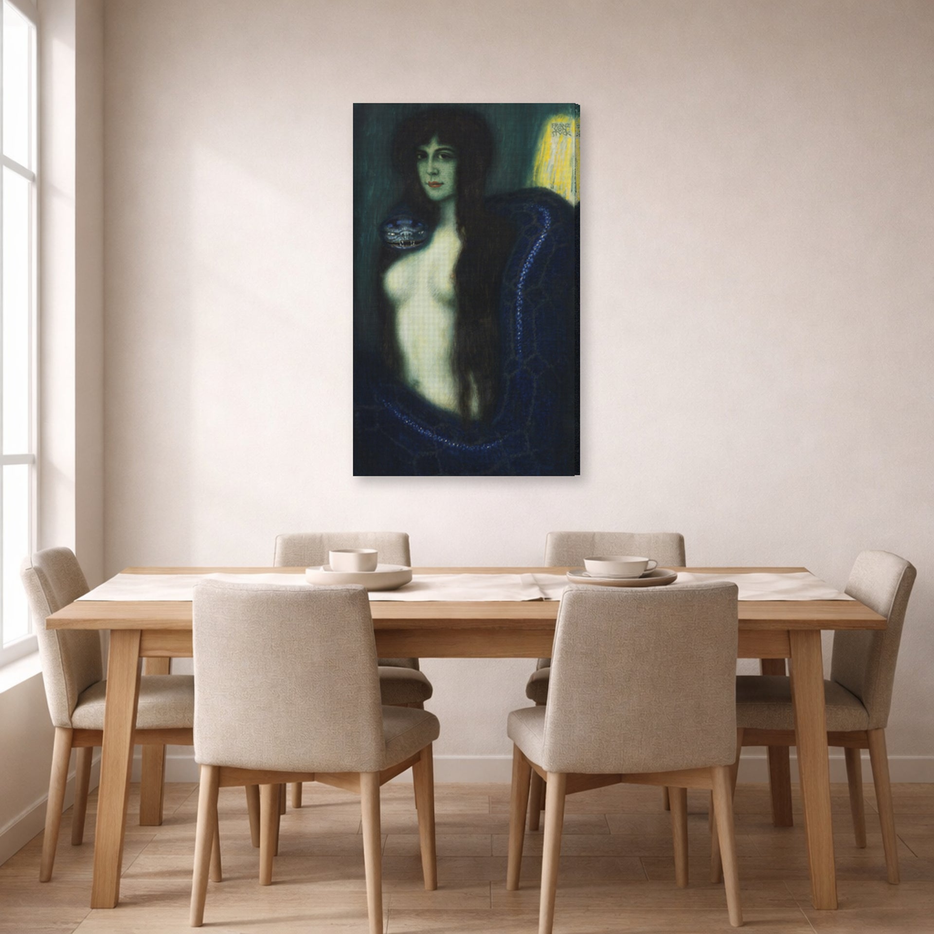 Gallery-wrapped canvas print of Franz Stuck's The Sin displayed on a wall in a dining room