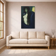 Gallery-wrapped canvas print of Franz Stuck's The Sin displayed on a wall in a living room