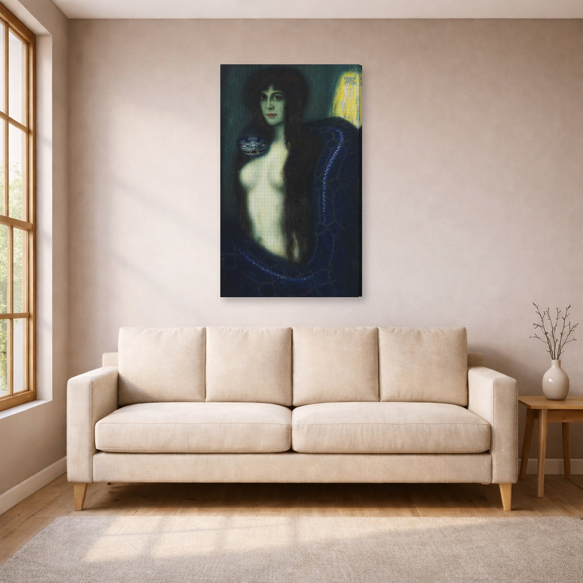 Gallery-wrapped canvas print of Franz Stuck's The Sin displayed on a wall in a living room