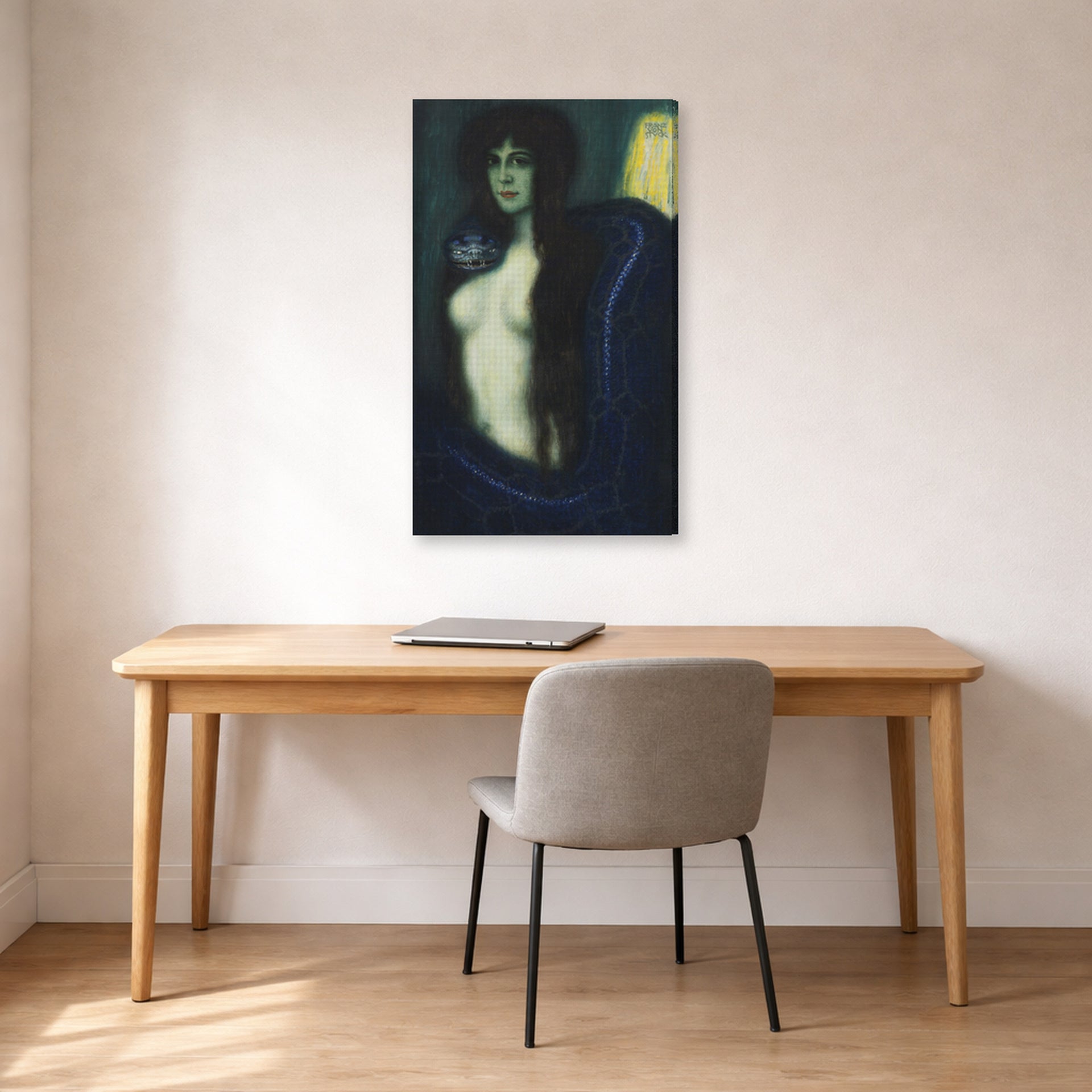 Gallery-wrapped canvas print of Franz Stuck's The Sin displayed on a wall in a office