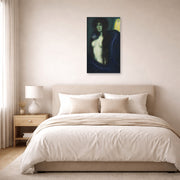 Unframed poster print of Franz Stuck's The Sin displayed on a wall in a bedroom