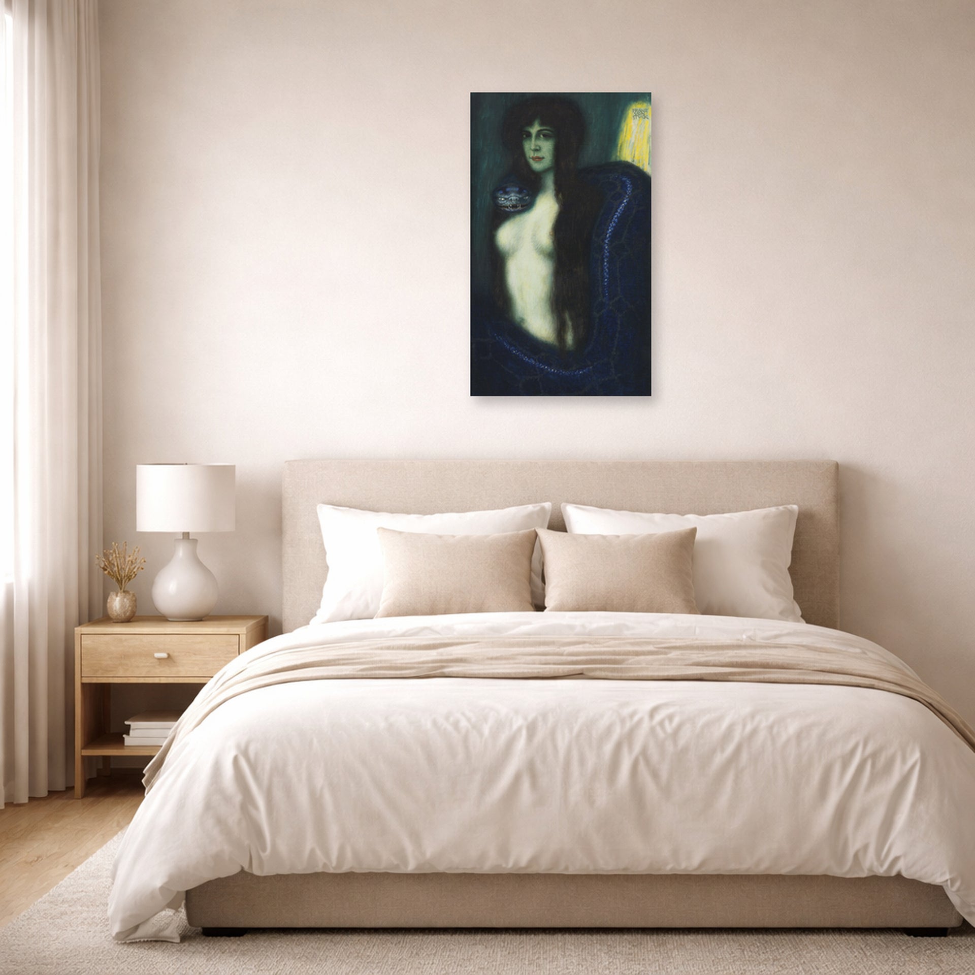 Unframed poster print of Franz Stuck's The Sin displayed on a wall in a bedroom